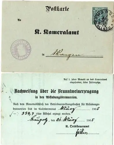 Württemberg 1905, 2 Pf. amtl. Ganzsache v. Wangen Nachweis Branntweinerzeugung