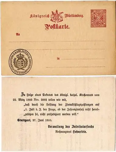 Württemberg, 5 Pf. amtl. Ganzsache Stuttgart Verwaltung D. Kath. Intercalarfonds