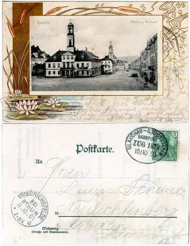 Rochlitz, Markt m. Rathaus, schön verzierte, 1901 m. Bahnpost gebr. AK