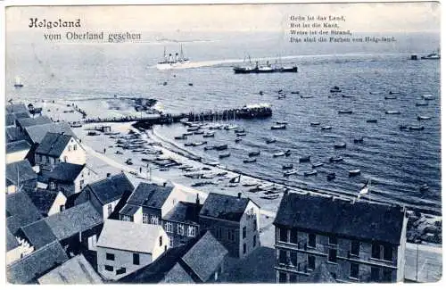 Helgoland, v. Oberland gesehen m. Gebäuden u. Schiffen, 1908 gebr. AK.