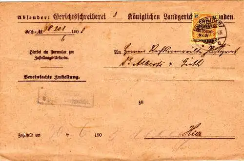 DR 1903, EF 25 Pf. Zähldienst auf Frei lt. Avers Orts-Brief v. Wiesbaden