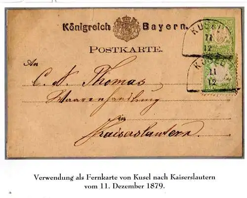 Bayern 1879, 3 Pf. WZ weite Welle auf 3 Pf. Ganzsache v. Kusel n. Kaiserslautern