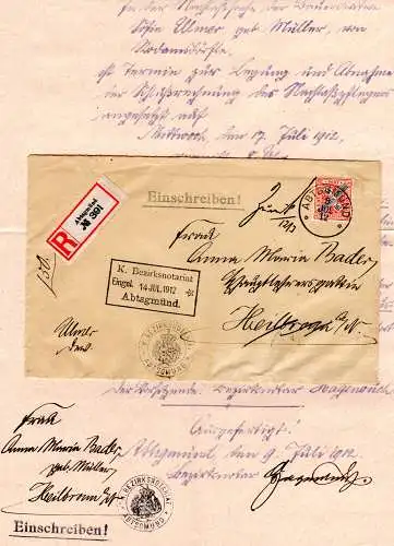 Württemberg 1912, 30 Pf. Amtl. Verkehr auf Einschreiben Brief v. Abtsgmünd 