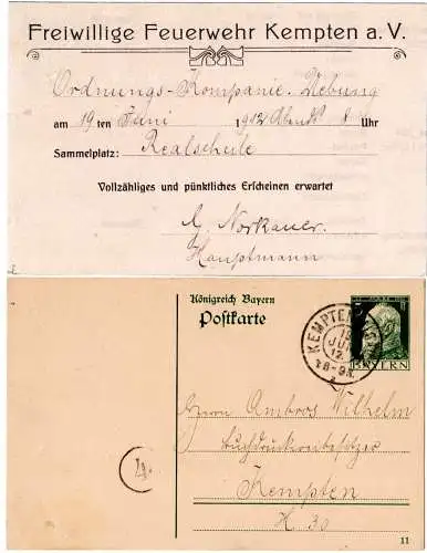 Bayern 1912, gebr. 5 Pf. Ganzsache m. rs. Zudruck Freiwillige Feuerwehr Kempten