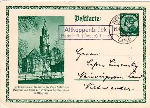 DR 1933, Landpost Stpl. ALTKOPPENBRÜCK über Neustadt (Dosse) auf 6 Pf. Ganzsache