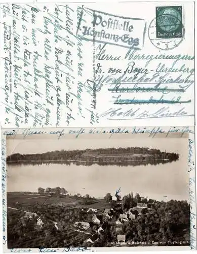 DR 1934, Landpost Stpl. Poststelle KONSTANZ=EGG auf Luftbild sw-AK m. 6 Pf.