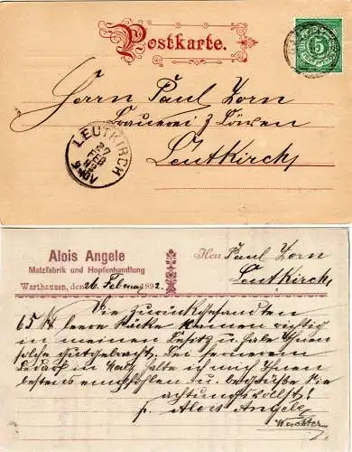 Württemberg 1892, K3 Warthausen auf Malz- u. Hopfenhandlg. Firmenkarte m. 5 Pf.