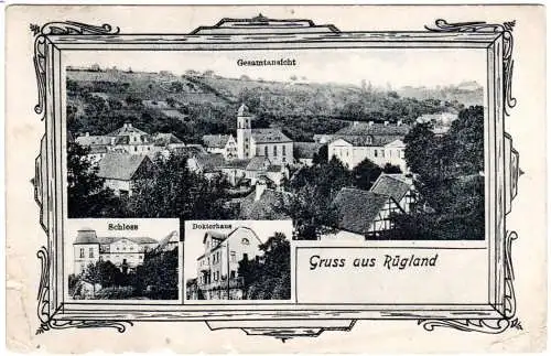 Gruss aus Rügland m. Doktorhaus, 1916 gebr. sw-AK m. Rahmen