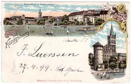 Gruss aus Königsberg m. Schloss u. Schlossteich m. Booten, 1899 gebr. Litho-AK