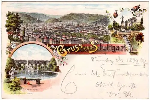 Gruss aus Stuttgart m. Eugensbrunnen u. Schloss, 1901 gebr. Litho-AK 