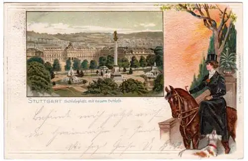 Stuttgart Schloss u. rechts Reiterin, 1904 gebr. Präge-AK 