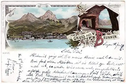 Gruss aus Brunnen m. Vierwaldstätter See u. Axenstrasse, 1897 gebr. Litho-AK 