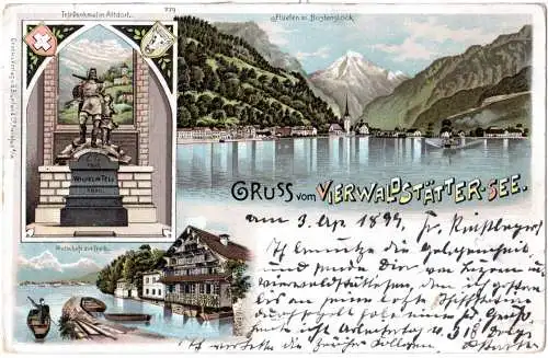 Gruss vom Vierwaldstätter See m. Wirtschaft zur Treib, 1899 gebr. Litho-AK 