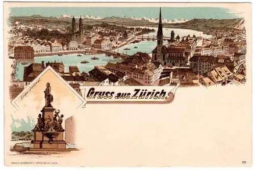 Gruss aus Zürich, Panorama u. Escher-Denkmal, ungebr. Litho-AK 