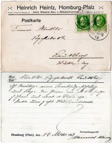 Bayern 1919, Paar 5 Pf. auf Firmen Karte v. Homburg Pfalz