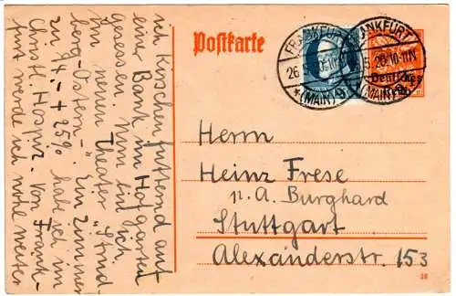 Bayern 1920, 20 Pf. Ludwig in DR-Verwendung auf Ga. v. Frankfurt n. Württemberg.