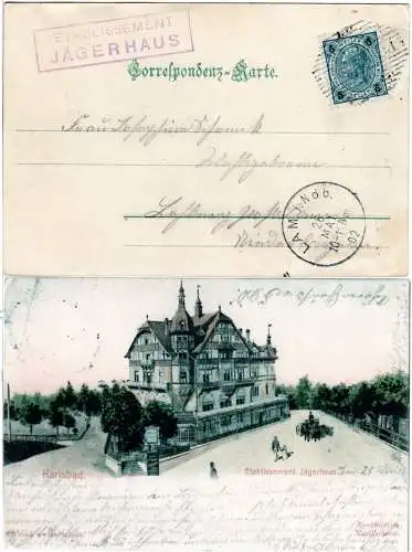 Österreich 1902, Schraffenstpl u. L1 Etablissement Jägerhaus auf Karsbad Farb-AK