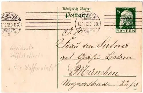 Bayern 1912, 5 Pf. Ortskarte München an Frau von Sutner, geb. Gräfin Lodron