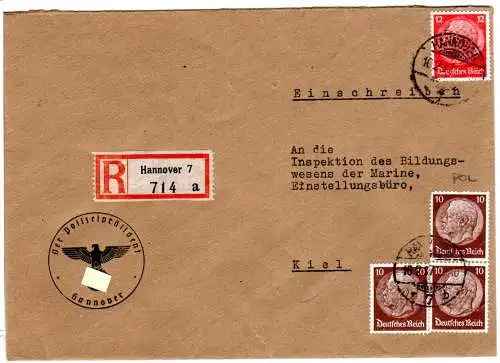 DR 1937, 12+3x10 Pf. m. POL Lochung auf Einschreiben Brief v. Hannover