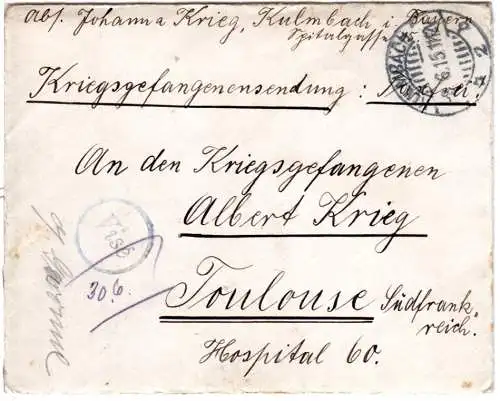 Bayern 1915, KGF POW Zensur Brief v. Kulmbach n. Toulouse Frankreich