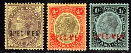 Jamaica 52, 63, 65, ungebr. 3+4d und 1 Sh. je mit SPECIMEN Überdruck