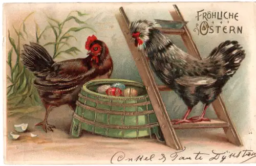 Fröhliche Ostern, schöne Gold Prägekarte m. Hühnern u. Eiern