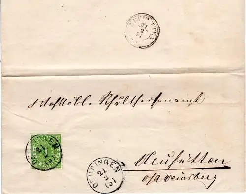Württemberg 1871, 1 Kr. auf Faltdrucksache v. Oehringen n. Neuhütten m. Ank.Stpl