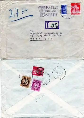 BRD 1950, 20 Pf. Bauten auf Brief v. Köln n. Oslo m. rs. 3 Norwegen Portomarken