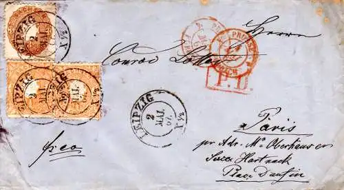 Sachsen 1867, 3+2x1/2 NGr. auf PD Brief v. Leipzig n. Frankreich