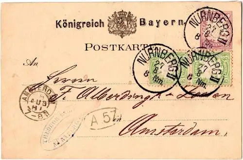 Bayern 1881, 2x3 Pf WZ weite Welle auf 5 Pf. Ganzsache v. Nürnberg n. Holland