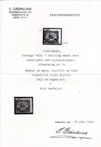 Schweden 6, sauber gebr. Lokalmarke 1 Sk. schwarz m. Strahlenstempel. Geprüft.