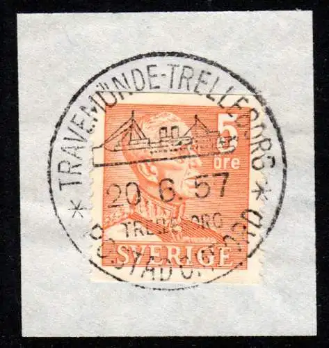 Schweden, Schiffspoststempel Travemünde-Trelleborg klar auf Briefstück m. 5 öre 