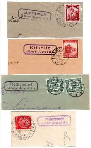 DR 1935, 4 Poststellen II-Stpl. ...über Apolda auf 4 Briefstücken