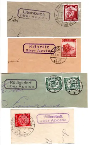 DR 1935, 4 Poststellen II-Stpl. ...über Apolda auf 4 Briefstücken