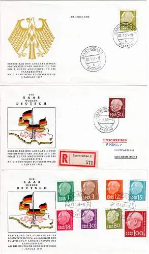 Saarland 1.1.1957, alle 10 Heuss Werte auf 3 FDC. Schöne Ersttagsbriefe!