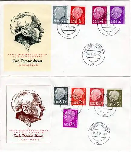 Saarland 16.3.1957, alle 9 Heuss Werte auf 2 FDC. Schöne Ersttagsbriefe!