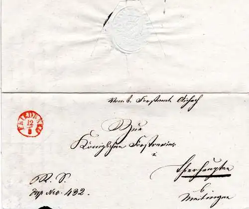 Bayern 1842, roter Fingerhut Stpl. Friedberg auf Brief v. Aichach n Thierhaupten
