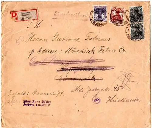 DR 1920, 4 Marken auf R-Brief m. Drehbuch v. Dresden an Schauspieler G.Tolnaes