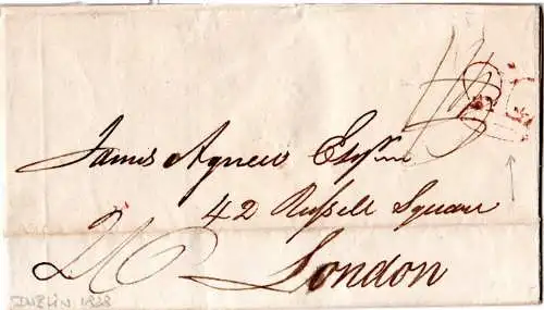 GB 1828, Brief v. Dublin Irland m. rotem postage rectifying crown-Stpl.