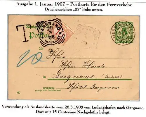 Bayern 1908, 5 Pf. Ganzsache v. Ludwigshafen n. Gargnano m. Italien 10 C. Porto