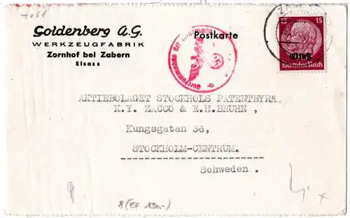 Elsass 1941, EF 15 Pf. auf Firmen Zensur Karte v. Zabern n. Schweden.