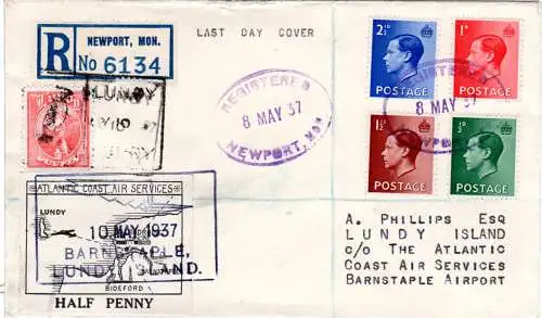 GB 1937, 1/2d Atlantic Coast Air Services+1/2 P. Lundy on regd. Newport cover 