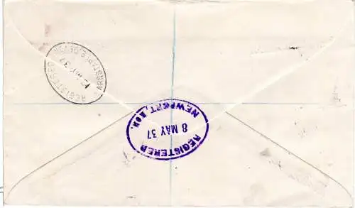 GB 1937, 1/2d Atlantic Coast Air Services+1/2 P. Lundy on regd. Newport cover 