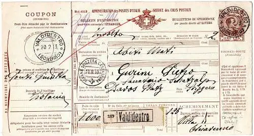 Italien 1913, 1,25 L. Paketkarte v. Valdidentro m. Schweiz Zollstpl. Castasegna