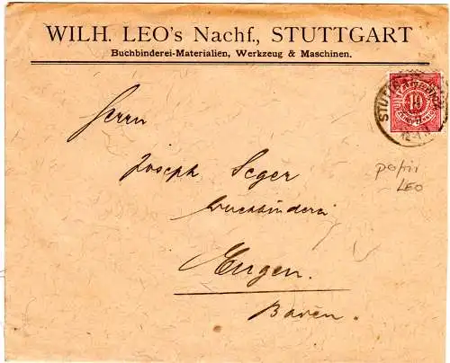 Württemberg 1899, 10 Pf. m. perfin auf Firmenbrief v. Stuttgart