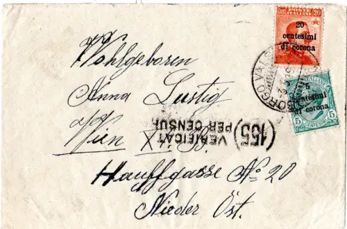 Italien Trentino 1919, 20+5 Cmi. di corona auf Zensur Brief v. Borgo Valsugana