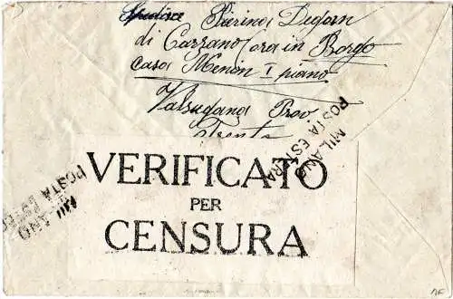 Italien Trentino 1919, 20+5 Cmi. di corona auf Zensur Brief v. Borgo Valsugana