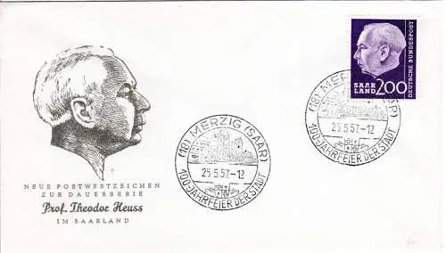 Saarland 25.5.1957, 200 (Pf.) Heuss auf FDC. Schöner Ersttagsbrief!