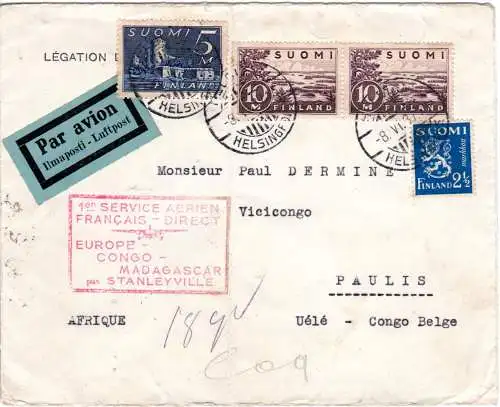 Finnland 1937, 4 Marken auf Flug Brief via Frankreich v. Helsinki n. Afrika