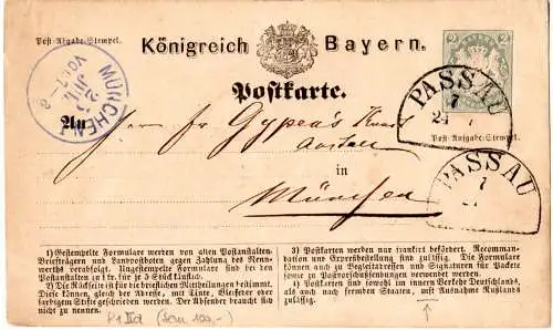 Bayern P 1 IId, sauber m. HKS Passau gebr. 2 Kr. Ganzsache mit Setzfehler "mst"